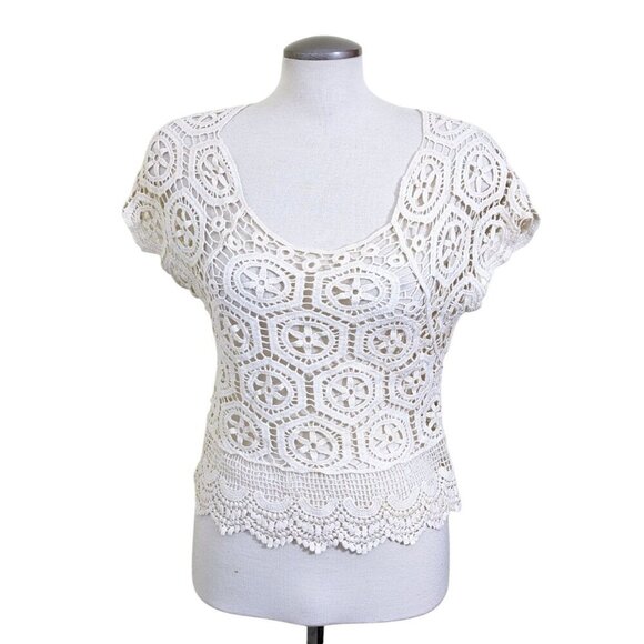Rebellion Cropped Top Cream Size M Crochet Cotton Short Sleeve Festival Bohemian - Picture 1 of 7